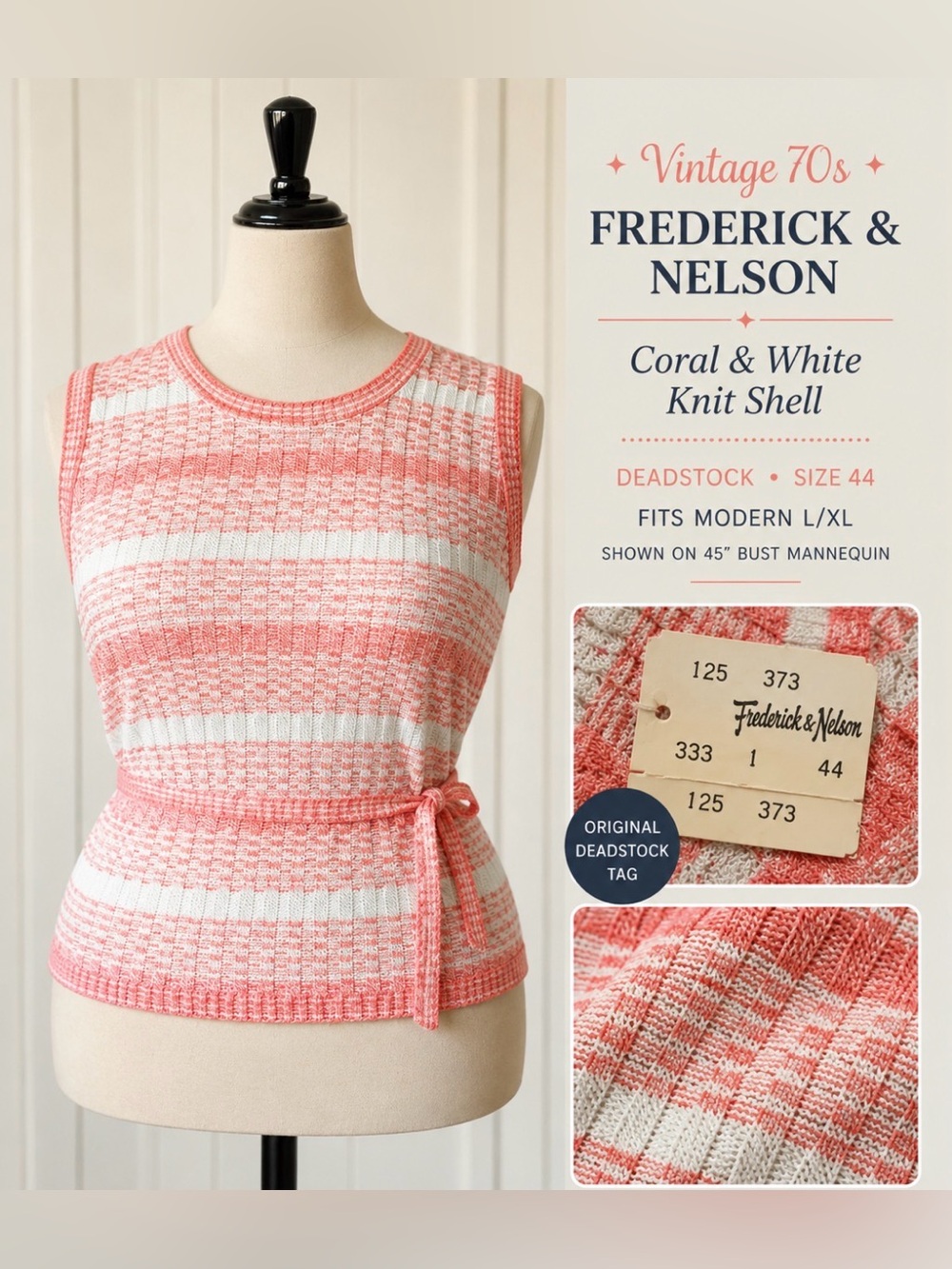 *Vintage Coral and White Knit Sleeveless Top - plus size- NWT